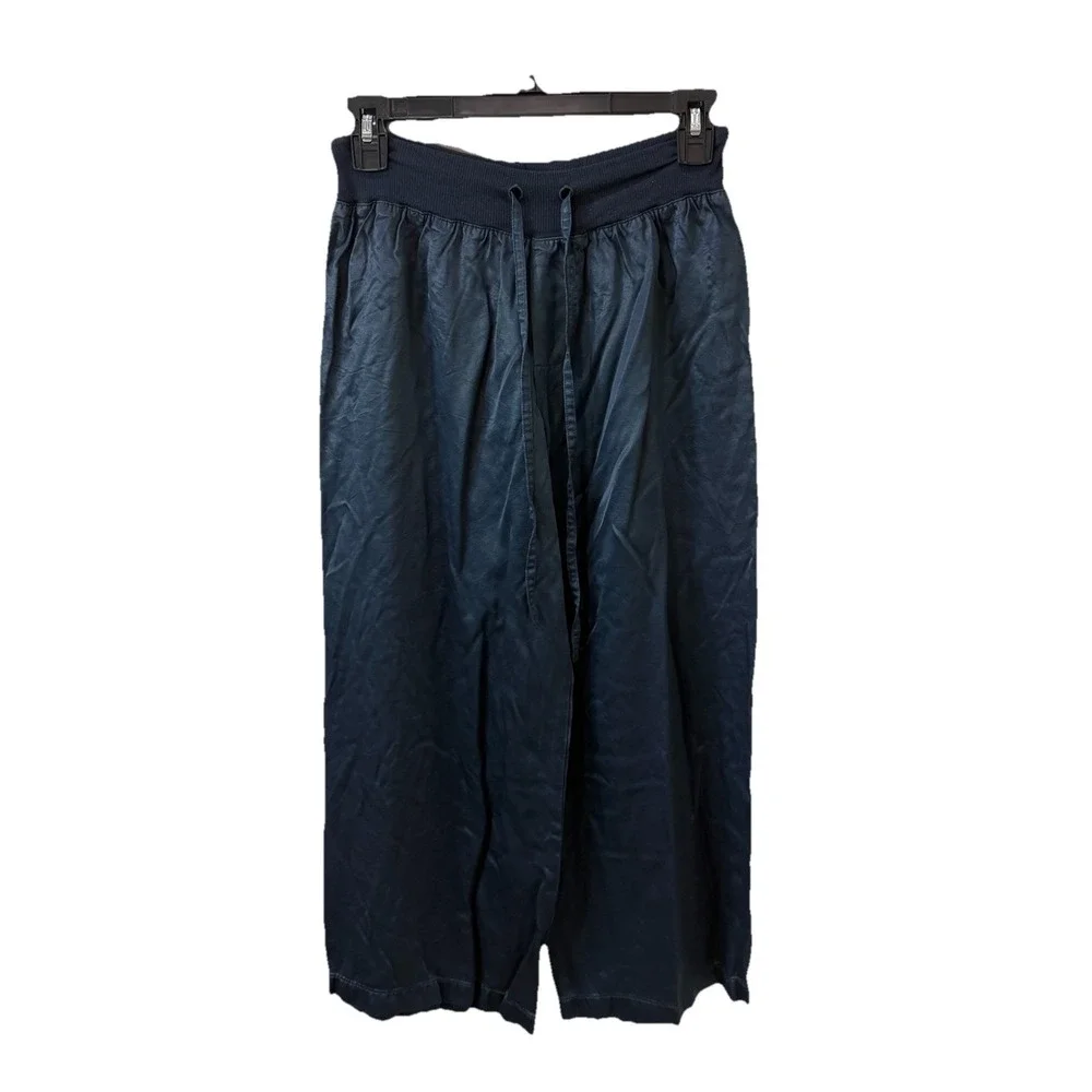 PJ Harlow Jackie Cropped Pajama Pants Set Silk Blend Navy Blue Womens XS Lounge